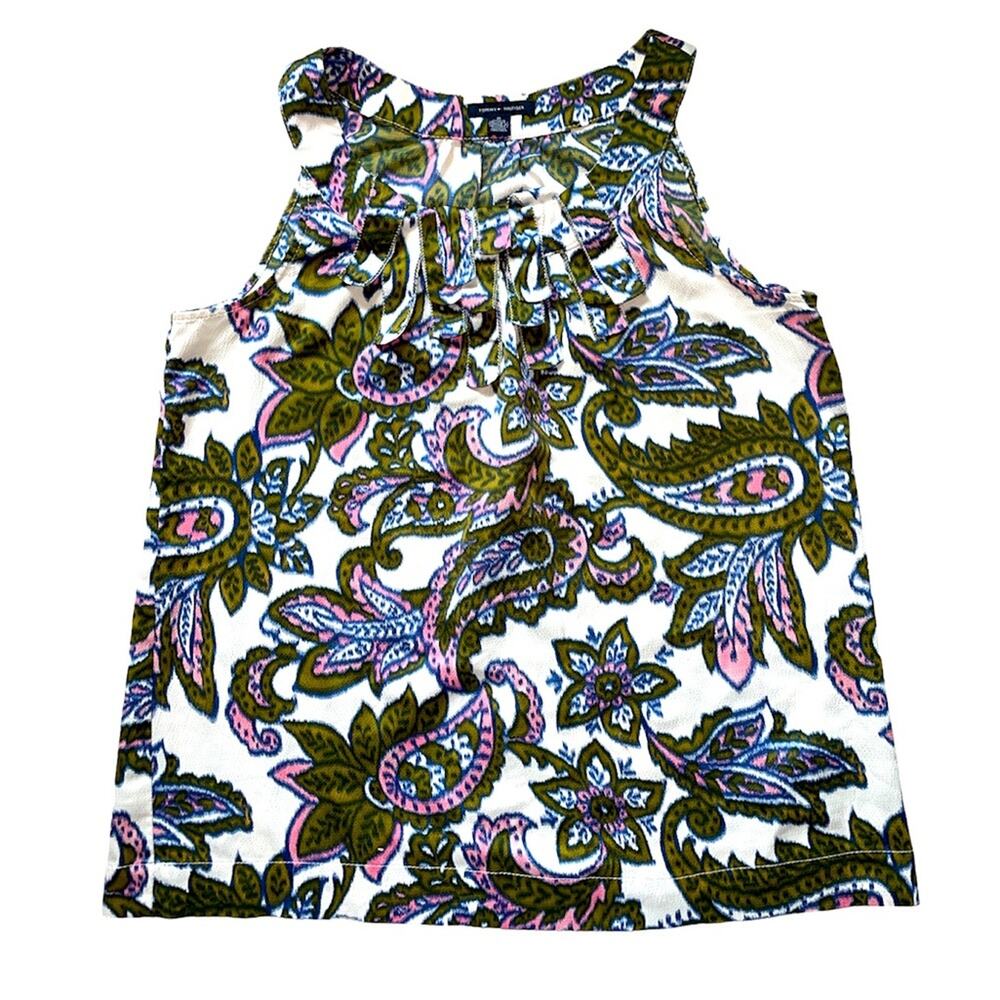 Tommy Hilfiger Pink & Green Paisley Ruffle Neckline Tank Top size Medium